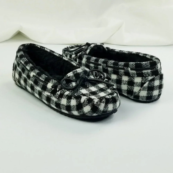 Minnetonka 6M Women's Black White Check Flannel Moccasin Faux Fur Slippers W/Bow - Picture 5 of 12